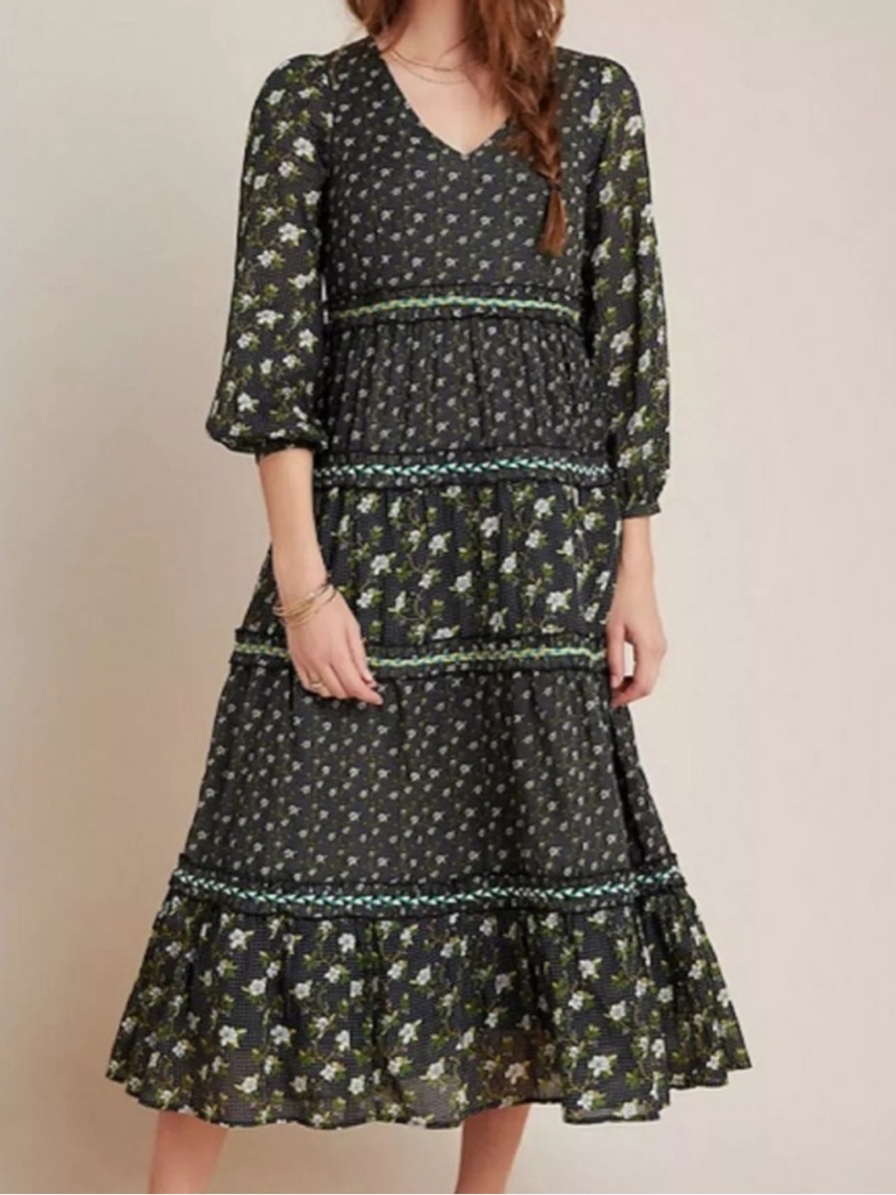 Anthropologie Karoline Black Floral Tiered Maxi Dress with Green Accents Small